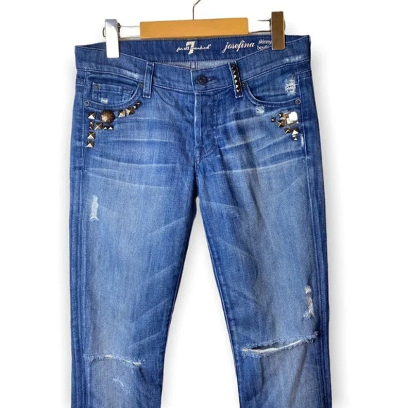 7 For All Mankind Josefina Skinny  Boyfriend Studded Distressed Blue Jeans 25 - Picture 3 of 14
